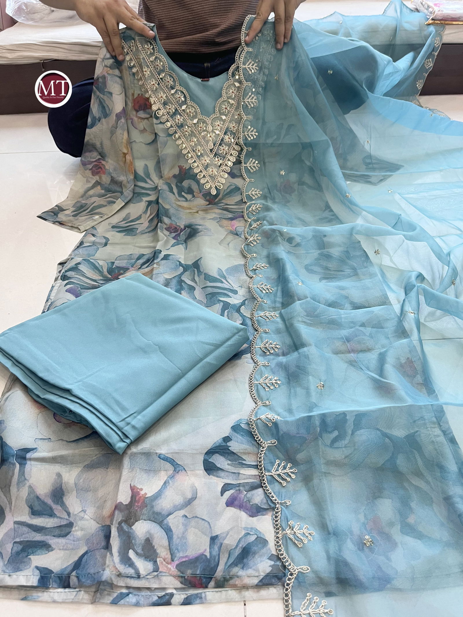 MT Heavy Organza Embroidery Kurti With Bottom Dupatta Wholesale Shop In Surat
